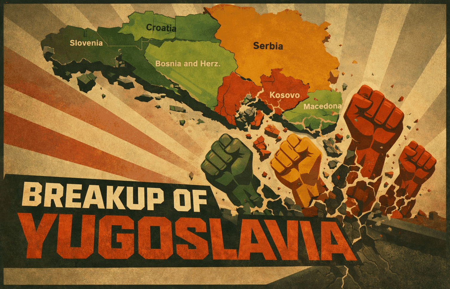 Map of Yugoslavia shaded by republic as each one breaks away between 1991 and 2008