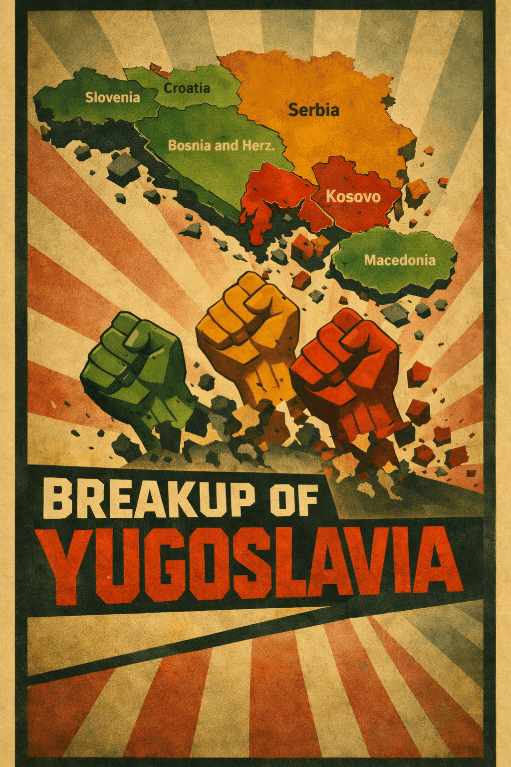 Map of Yugoslavia shaded by republic as each one breaks away between 1991 and 2008